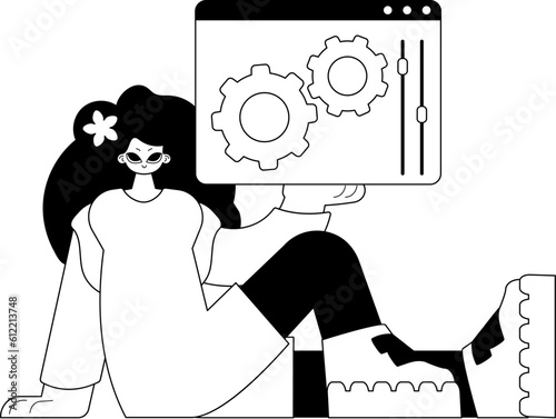 The daughter is holding a browser with context and repair visualize . subscribe subject . black and ashen call class artwork. Trendy style, Vector Illustration