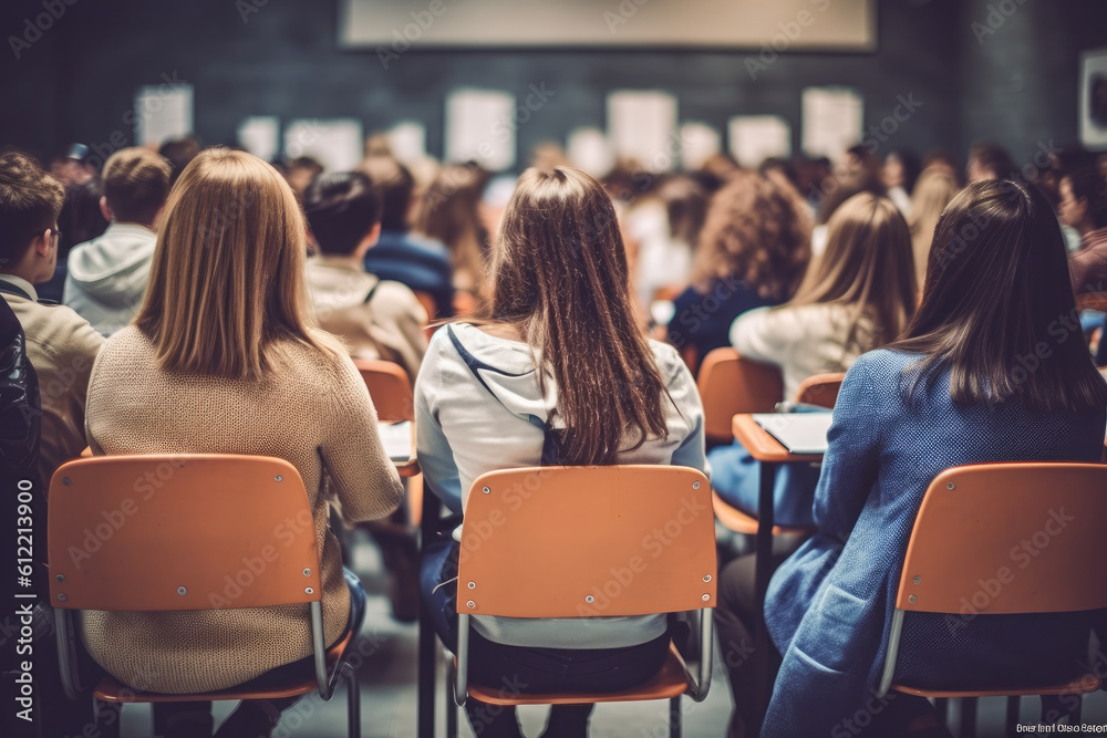 Students sit on a pair in an auditorium with their backs to the camera.Education concept.Generative AI Students sit on a pair in an auditorium with their backs to the camera.Education concept.Generative AI