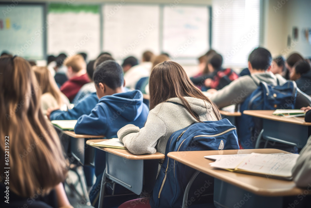 Schoolchildren in a rural school are sitting in a lesson at their desks with their backs to the camera.The concept of back to school.Generative AI Schoolchildren in a rural school are sitting in a lesson at their desks with their backs to the camera.The concept of back to school.Generative AI