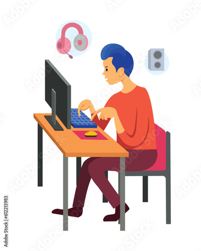Man sitting at table near computer, looking at screen and typing. Indoors activity and hobby. Online games and eSports concept. Recreation and leisure time at home. Vector flat illustration