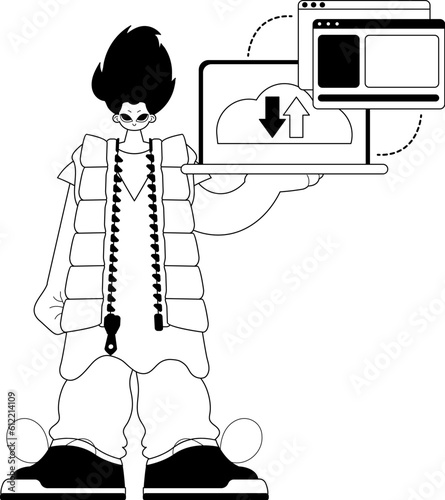 The Man with the browser that synchronizes the datum . Cloud storehouse typography . bootleg and ashen touch artwork. Trendy style, Vector Illustration