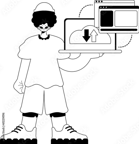 The Man with the browser that synchronizes the datum . Cloud storehouse typography . bootleg and ashen tint artwork. Trendy style, Vector Illustration