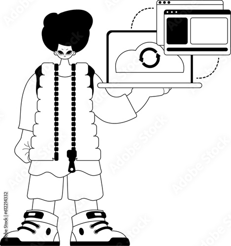 The Man with the browser that synchronizes the datum . Cloud storehouse typography . bootleg and ashen shade artwork. Trendy style, Vector Illustration