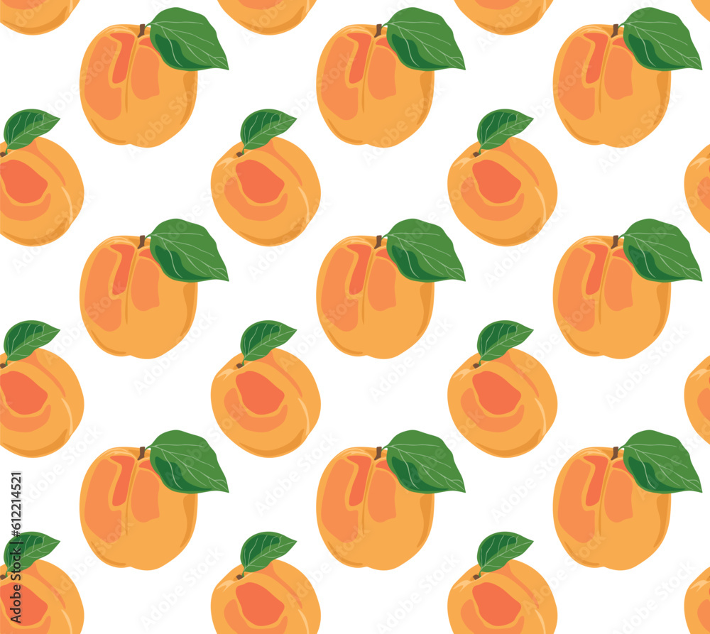 Set of ripe apricots with leaves. Summer juicy fruits. Seamless pattern in vector. Suitable for backgrounds and prints.