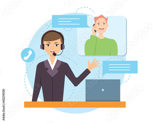 Happy client calling to support line, operator talking and helping to solve problem. Customer support department staff. Hotline operator advisers. Customer service communication. Vector illustration