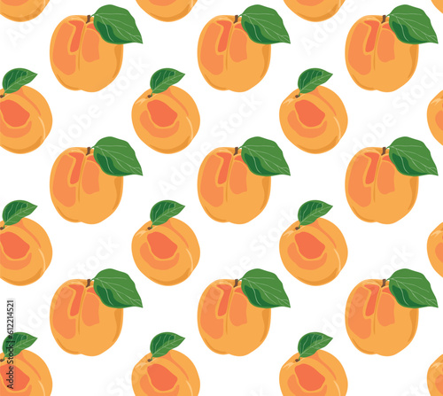 Fototapeta Naklejka Na Ścianę i Meble -  Set of ripe apricots with leaves. Summer juicy fruits. Seamless pattern in vector. Suitable for backgrounds and prints.