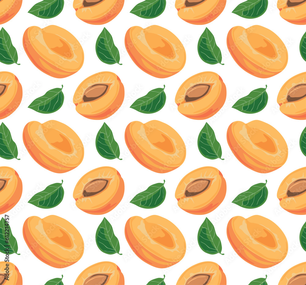 Apricot halves with pits and apricot leaves. Summer juicy fruits. Seamless pattern in vector. Suitable for backgrounds and prints. Apricot halves with pits and apricot leaves. Summer juicy fruits. Seamless pattern in vector. Suitable for backgrounds and prints.