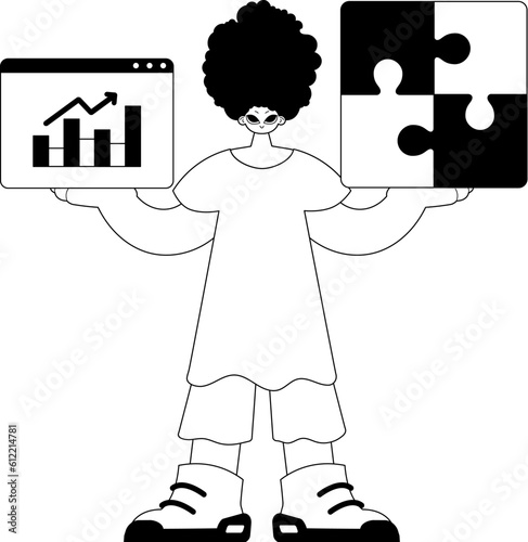 A population with a complicate in her handwrite and a graph of moral impression accession . sum dark and ashen call telephone line artwork. Trendy style, Vector Illustration