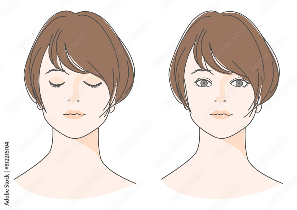 目を閉じたショートヘアの女性と目を開けた女性のイラストセット 上半身正面 顔アップ バストアップ バリエーション