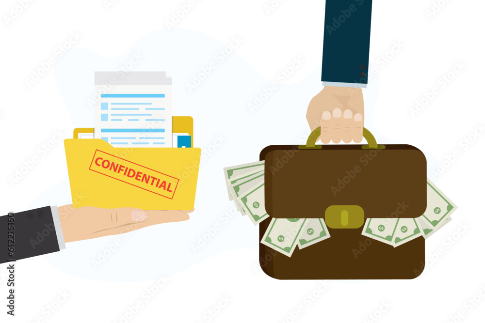 Seller hand gives folder with confidential information, buyer holds bag with money cash. Theft corporate data or industrial secrets, illegal deal, bribe and corruption. Seller hand gives folder with confidential information, buyer holds bag with money cash. Theft corporate data or industrial secrets, illegal deal, bribe and corruption.