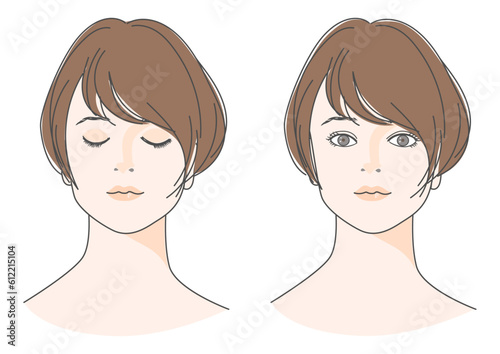 目を閉じたショートヘアの女性と目を開けた女性のイラストセット 上半身正面 顔アップ バストアップ バリエーション