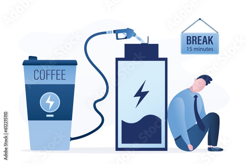 Tired office worker uses fuel gun and charge low battery. Coffee break, rest. Entrepreneur recharges empty battery. Huge mug of coffee, 15 minutes break. Office day, workflow