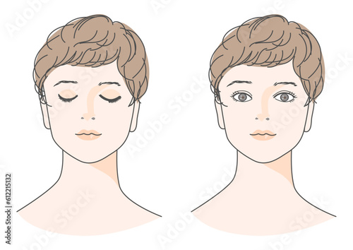 目を閉じたベリーショートの日本人女性の顔 正面アップのイラストセット 目を開けた女性のバリエーション