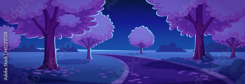 Night park alley with sakura trees. Vector cartoon illustration of road running through dark public garden in spring, cherry blossom petals on ground, green lawn, midnight starry sky. Romantic place