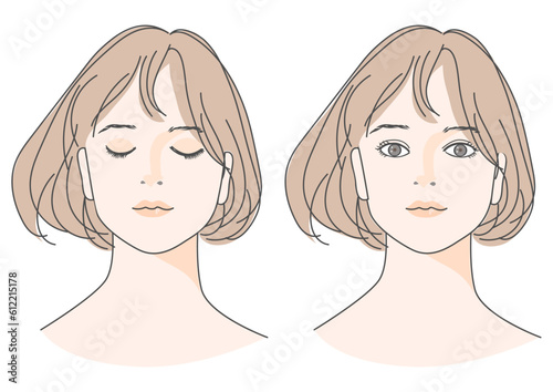 若い女性の顔イラストセット（目を閉じた顔・開いた顔・スキンケア・美容イメージ）