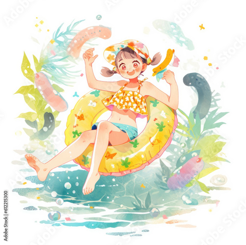 Summer pool clipart, watercolor pencil sketch on white background