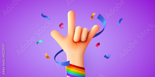 Hand hand showing rock sign celebrate pride month. People's rights movement, diversity concept.