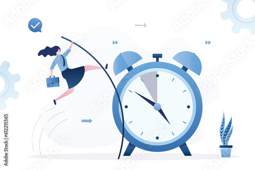 Smart businesswoman jumps pole vaults over giant alarm clock. Time management, proper planning, completion of tasks on time. Lack of deadline.