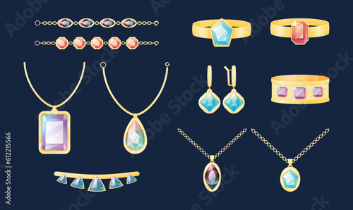 Gold jewelry women jewelry with precious stones and diamonds. Set of vector cartoon isolated expensive treasure with gems, necklace, earrings, ring, bracelet.