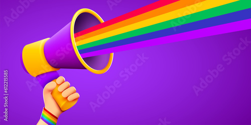 Hand holds megaphone with LGBT rainbow flag. Pride month banner. People's rights movement, diversity concept.
