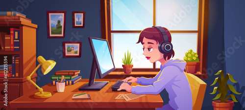 Teenager working on desktop computer at home. Vector cartoon illustration of teen girl studying in headphones, typing on keyboard, note papers scattered on desk, bookshelf and framed pictures on wall