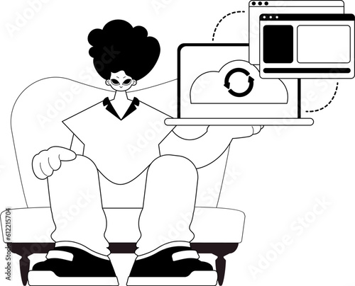 The Man with the browser that synchronizes the datum . Cloud storehouse typography . bootleg and ashen touch artwork. Trendy style, Vector Illustration