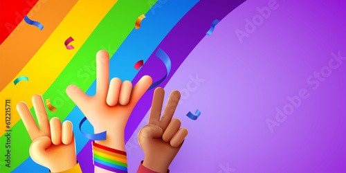 Rising multiethnic Hands celebrate pride month on LGBT rainbow flag background. People's rights movement, diversity concept.