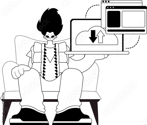 The Man with the browser that synchronizes the datum . Cloud storehouse typography . bootleg and ashen touch artwork. Trendy style, Vector Illustration