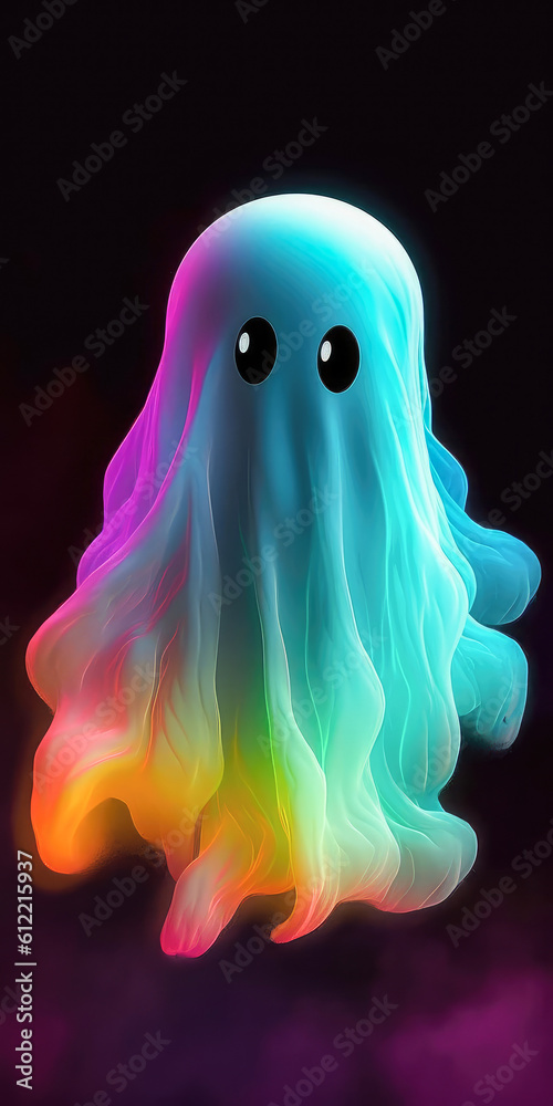 Colourful ghost on black background , wallpaper , screen on mobile , Halloween scary concept , Created with generative AI Colourful ghost on black background , wallpaper , screen on mobile , Halloween scary concept , Created with generative AI
