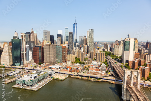 New York City skyline aerial view of Manhattan with World Trade Center skyscraper and Brooklyn Bridge in the United States