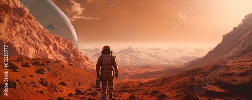 back view Astronaut in the red planet mars photo