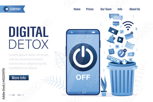 Turn off smartphone and throw social media signs in trash can. Off button on cell phone screen. Digital detox, landing page template. No using mobile phone. Freedom from internet