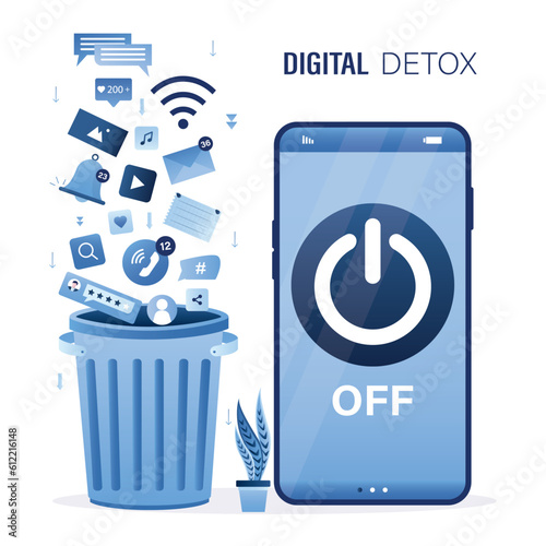 Turn off smartphone and throw social media signs in trash can. Off button on cell phone screen. Digital detox concept. No using mobile phone, smart gadget. Freedom from internet, network.