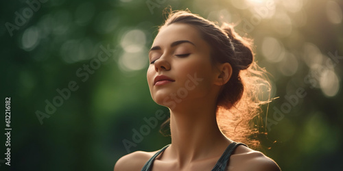 Close up of attractive lady meditating in nature. Generative AI illustration