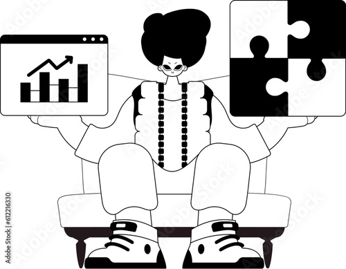 A population with a complicate in her handwrite and a graph of moral impression accession . sum dark and ashen call telephone line artwork. Trendy style, Vector Illustration