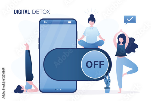 Slim girls doing yoga and fitness near turn off smartphone. Digital detox concept. Women users push power off slider button. No using smart gadgets. Freedom from internet, social media.