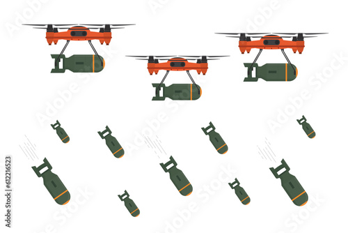Radio-controlled quadrocopters delivery and bombardment of enemy positions. New technology on war. Drones with bombs or weapons. Air transport with remote control