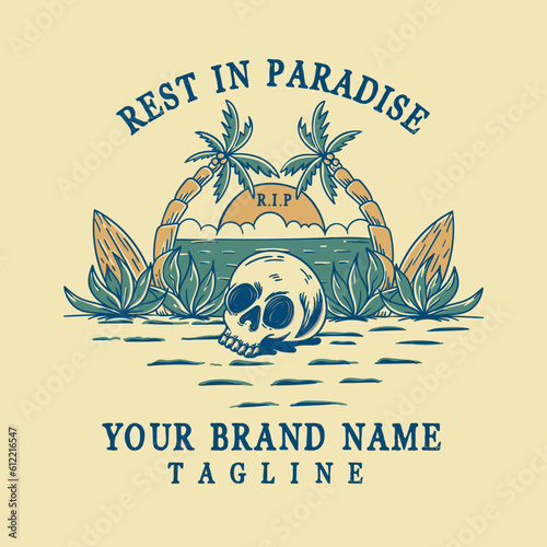 Vector summer skull contains surf board, coconut tree, leaf vector illustration  t-shirts design