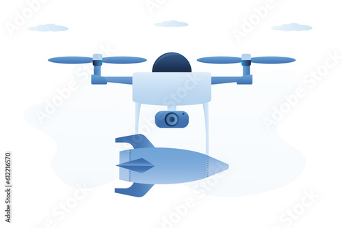 Radio-controlled quadrocopter for delivery and bombardment of enemy positions. New technology on war. Drone with bomb or weapons. Air transport with remote control.