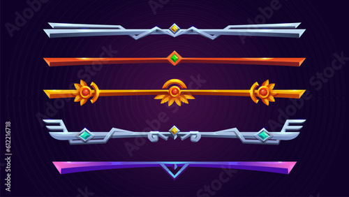 Cartoon set of decorative game dividers isolated on background. Vector illustration of medieval, royal and futuristic golden, silver, bronze, iron level items ornated with gemstones. UI design element