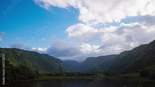 Timelapse - Panoramic aerial view of the valley in the Pacific Ocean