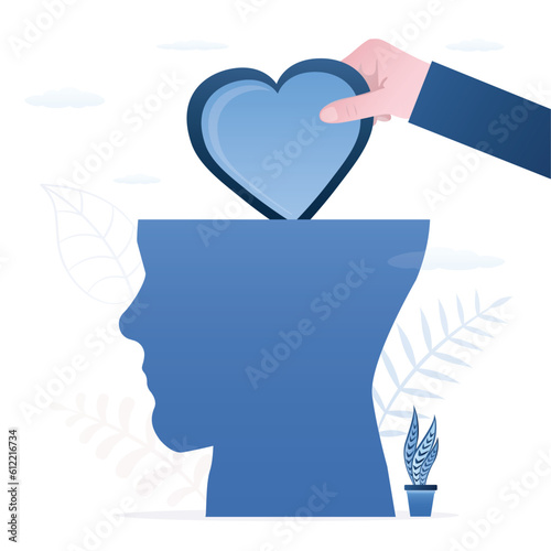 Person learns empathy. Emotional intelligence ability, control self positive way and emotions, balance between heart and brain, reason and emotion.