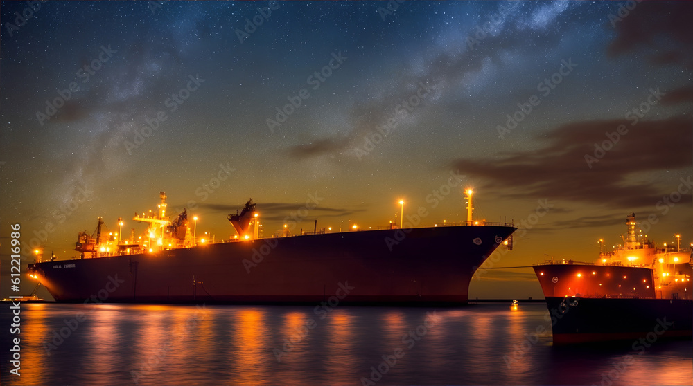 Oil tanker docked in an offshore dock at night or dawn sea. Backbone of global trade and logistics. beautiful stars in the dusk night sky