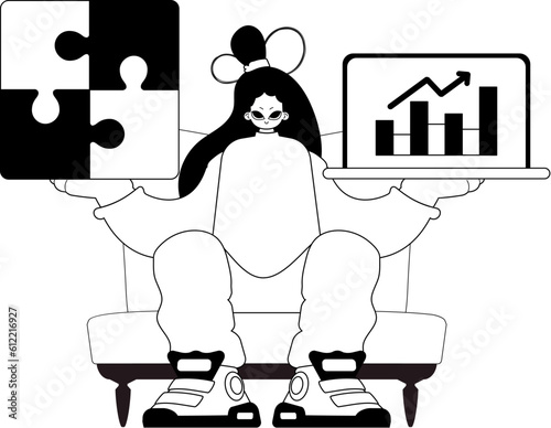 A girlfriend with a complicate in her handwrite and a graph of moral office mark . bootleg and egg white run artwork. Trendy style, Vector Illustration