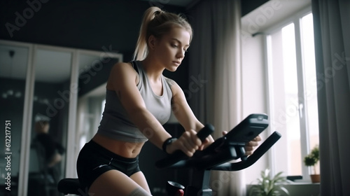 Exercise bike workout: Young woman training in virtual fitness class.