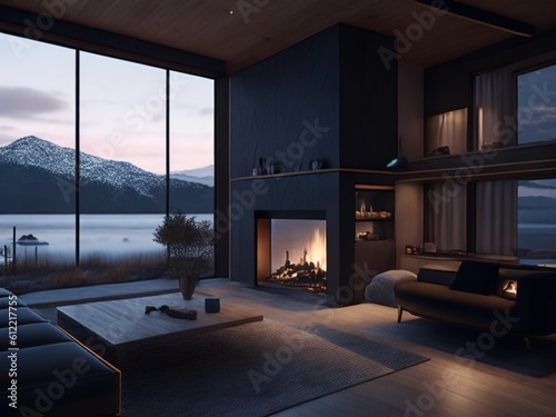 Living Room Interior Design of a Modern House living room overlooking the mountains. High Ceiling, high window 