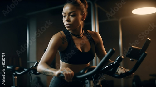 Exercise bike workout  Young woman training in virtual fitness class.