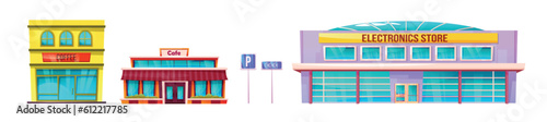 Cartoon set of modern electronics store, cafe buildings isolated on white. Vector illustration of shopping mall, cafeteria facades, parking lot and speed limit traffic signs. City street constructor