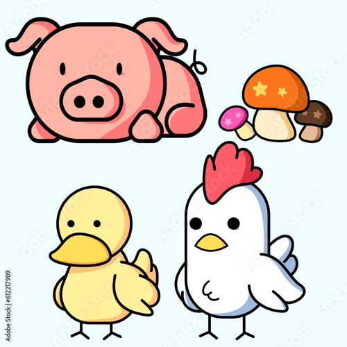 Vector illustration of little pig, three mushrooms, duck and chicken in cute cartoon style