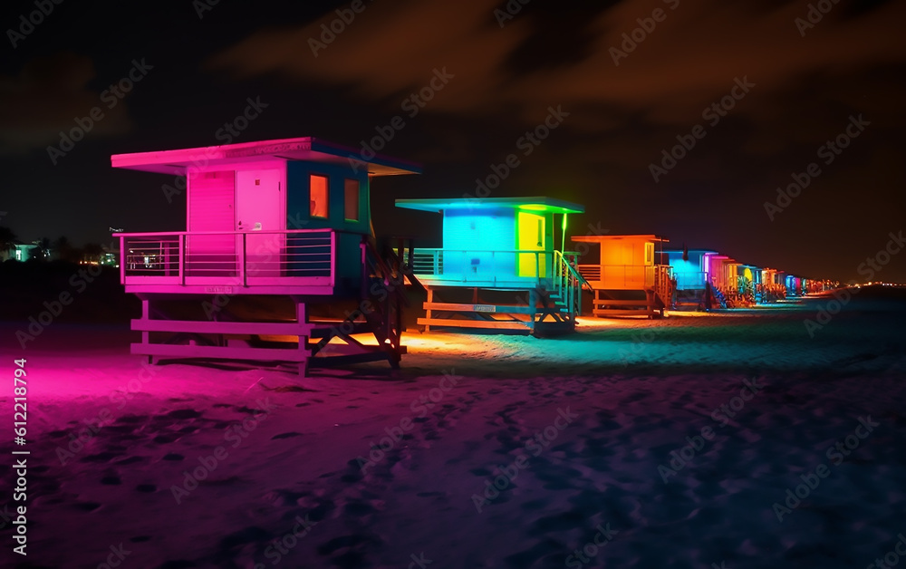 Small houses on the night beach. Neon colors. Generative AI technology.